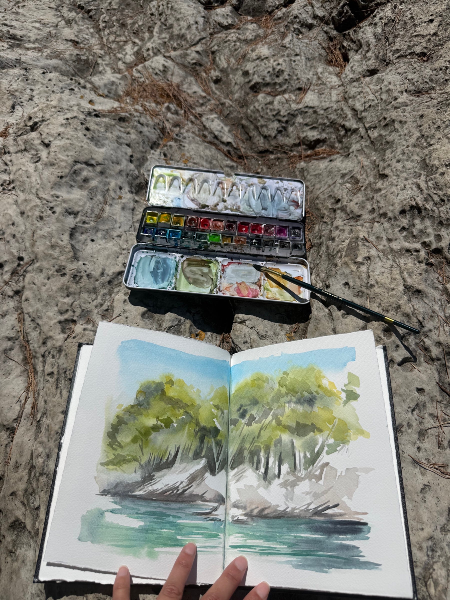 Aquarelle de paysage au bord de l'eau dans un carnet, accompagnée d'une palette